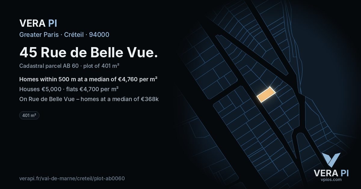 45 Rue de Belle Vue, Créteil at night – the plot lit, the parcels around coloured by the prices near them