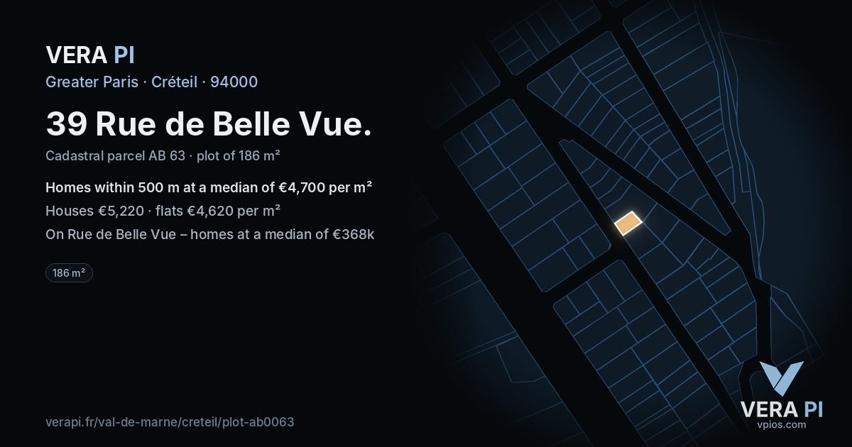 39 Rue de Belle Vue, Créteil at night – the plot lit, the parcels around coloured by the prices near them