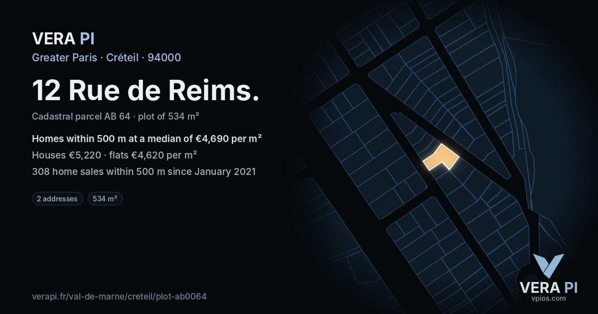 12 Rue de Reims, Créteil at night – the plot lit, the parcels around coloured by the prices near them