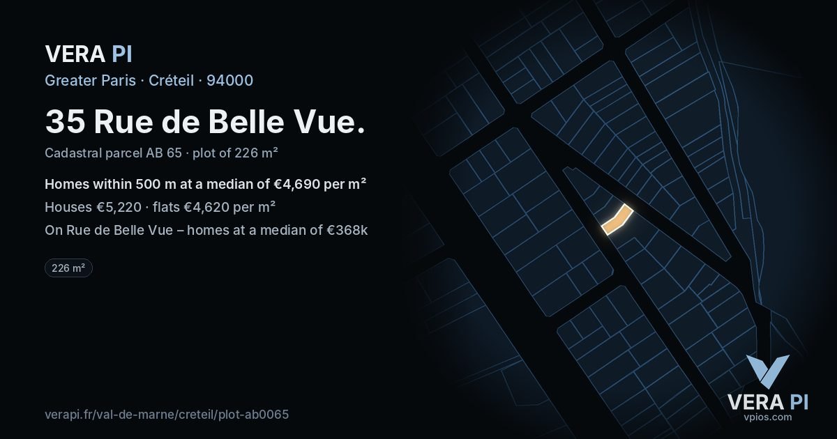 35 Rue de Belle Vue, Créteil at night – the plot lit, the parcels around coloured by the prices near them