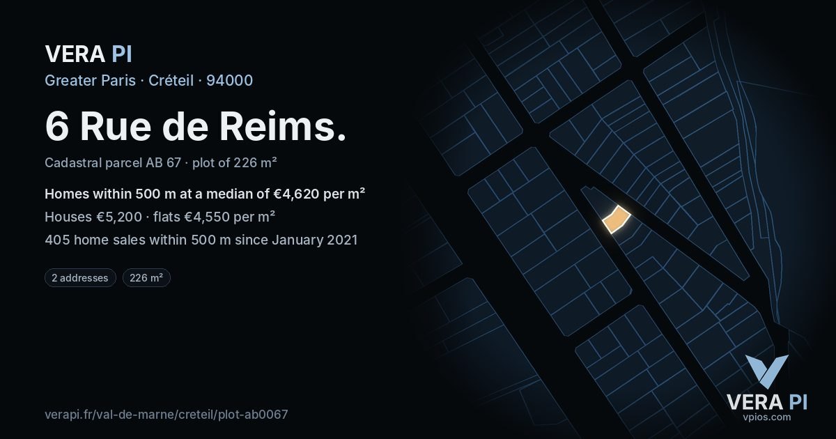 6 Rue de Reims, Créteil at night – the plot lit, the parcels around coloured by the prices near them