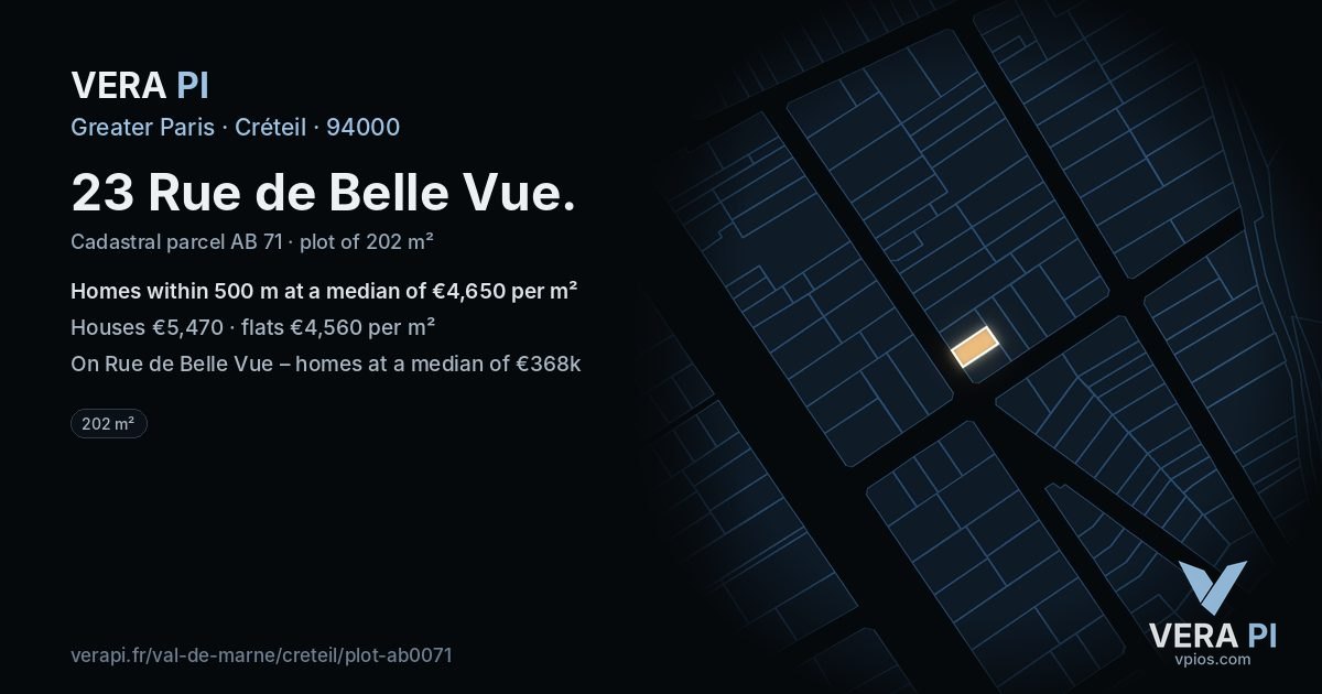 23 Rue de Belle Vue, Créteil at night – the plot lit, the parcels around coloured by the prices near them