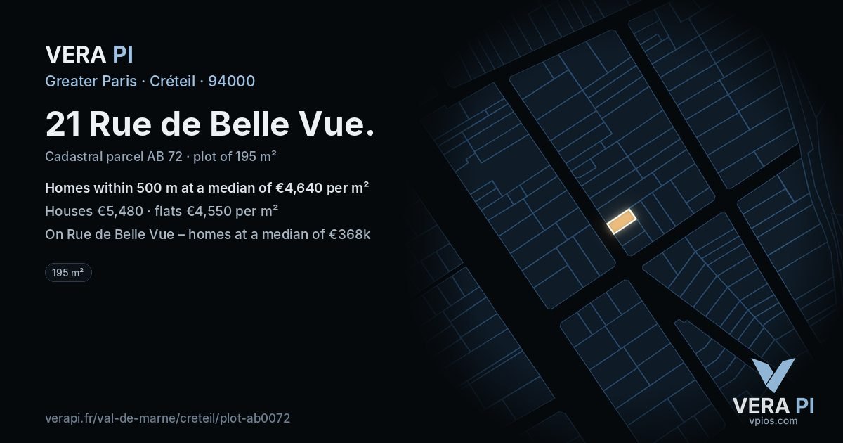 21 Rue de Belle Vue, Créteil at night – the plot lit, the parcels around coloured by the prices near them