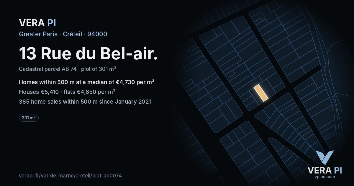 13 Rue du Bel-air, Créteil at night – the plot lit, the parcels around coloured by the prices near them