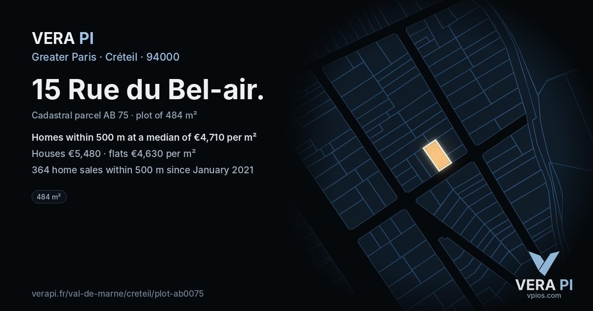 15 Rue du Bel-air, Créteil at night – the plot lit, the parcels around coloured by the prices near them