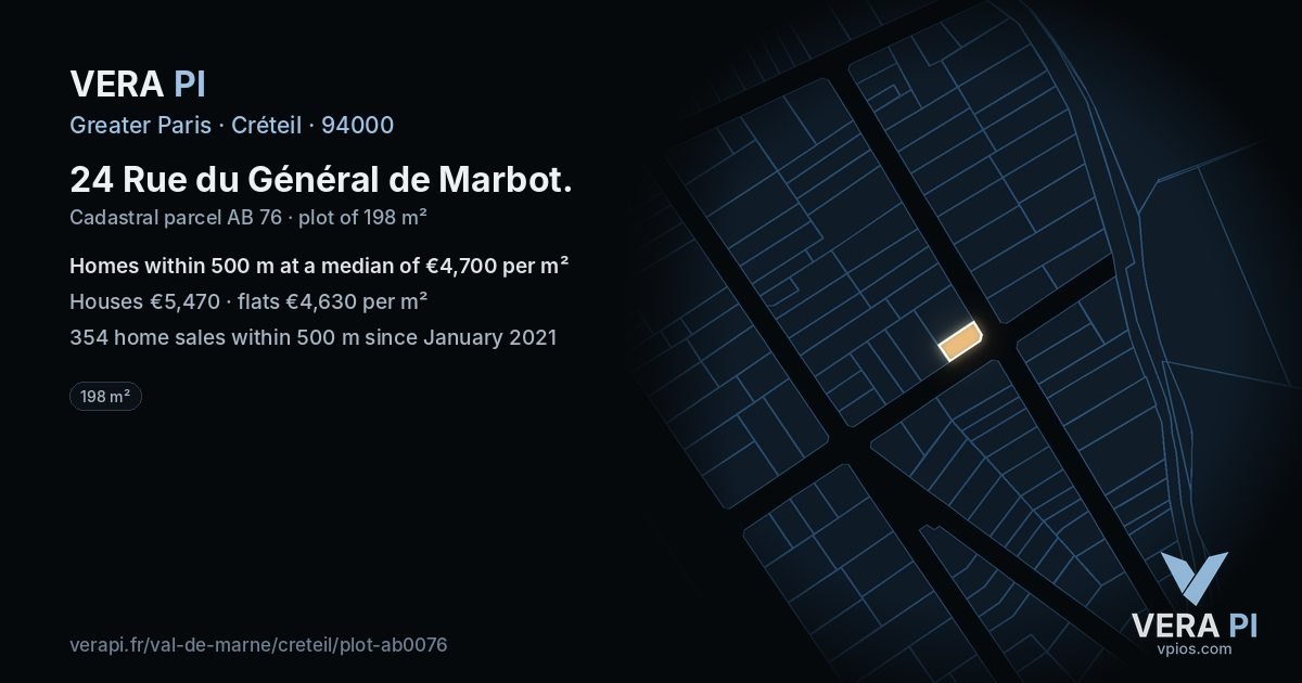 24 Rue du Général de Marbot, Créteil at night – the plot lit, the parcels around coloured by the prices near them