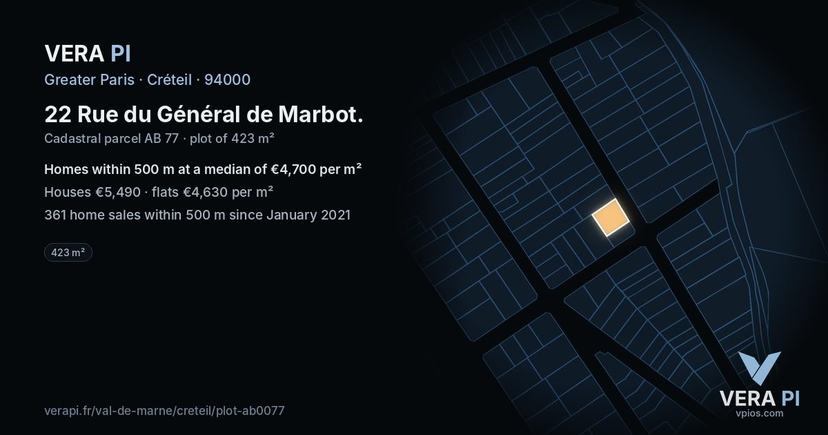 22 Rue du Général de Marbot, Créteil at night – the plot lit, the parcels around coloured by the prices near them