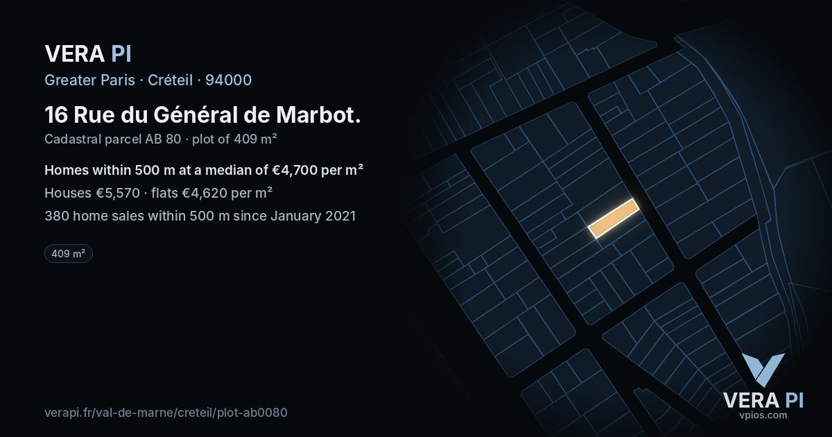 16 Rue du Général de Marbot, Créteil at night – the plot lit, the parcels around coloured by the prices near them