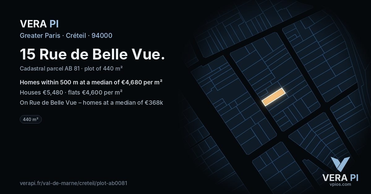 15 Rue de Belle Vue, Créteil at night – the plot lit, the parcels around coloured by the prices near them