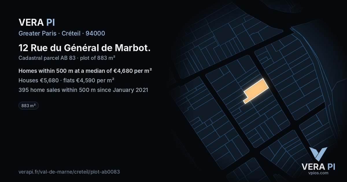 12 Rue du Général de Marbot, Créteil at night – the plot lit, the parcels around coloured by the prices near them