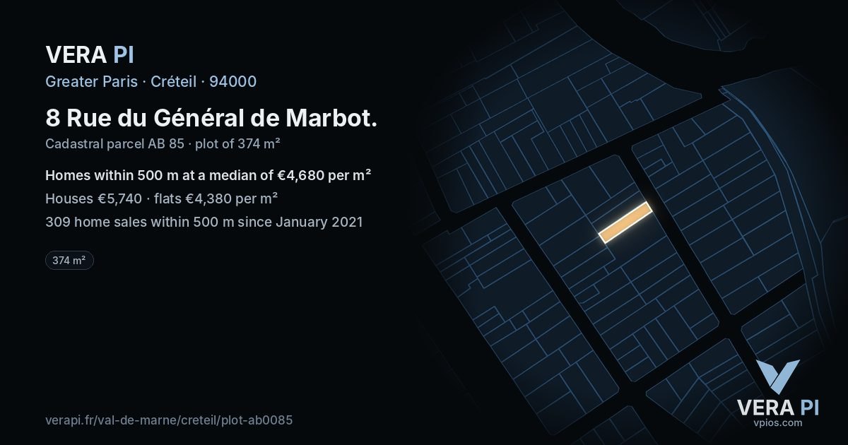 8 Rue du Général de Marbot, Créteil at night – the plot lit, the parcels around coloured by the prices near them