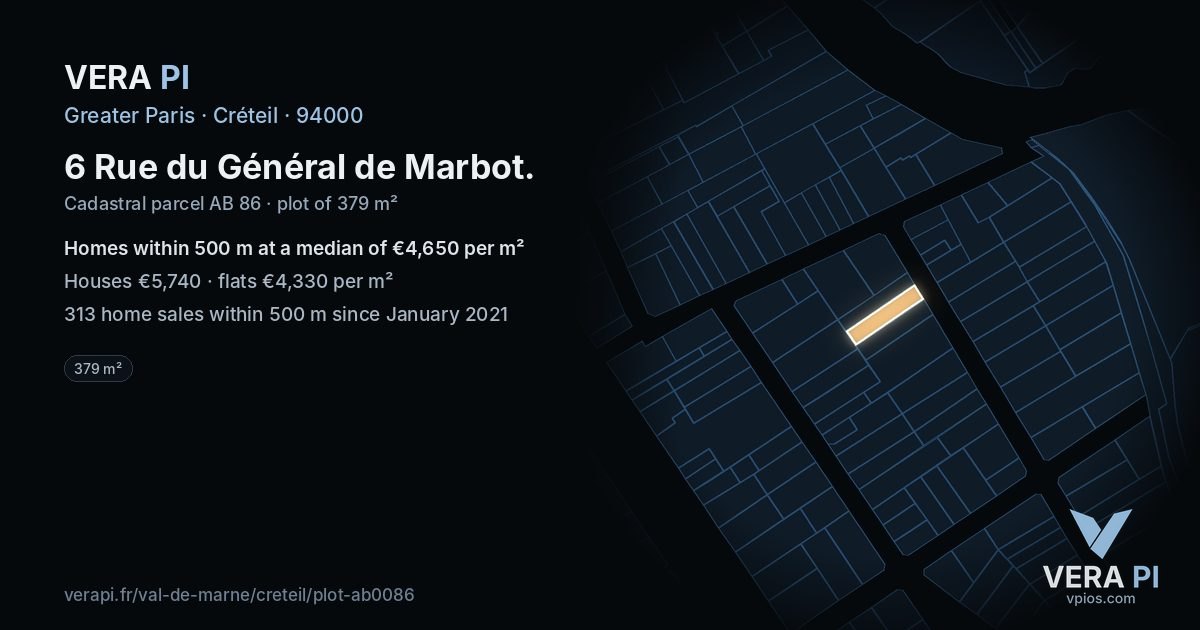 6 Rue du Général de Marbot, Créteil at night – the plot lit, the parcels around coloured by the prices near them