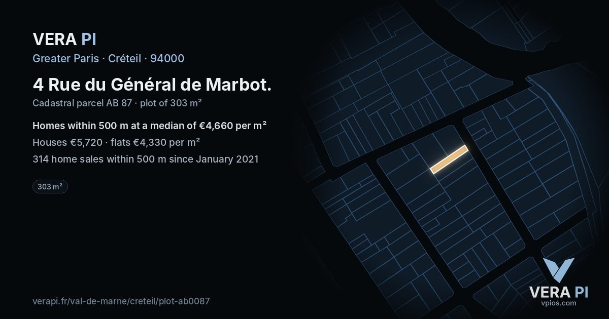 4 Rue du Général de Marbot, Créteil at night – the plot lit, the parcels around coloured by the prices near them