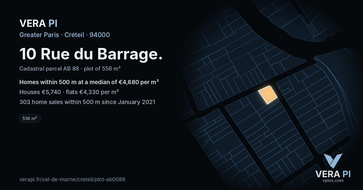 10 Rue du Barrage, Créteil at night – the plot lit, the parcels around coloured by the prices near them