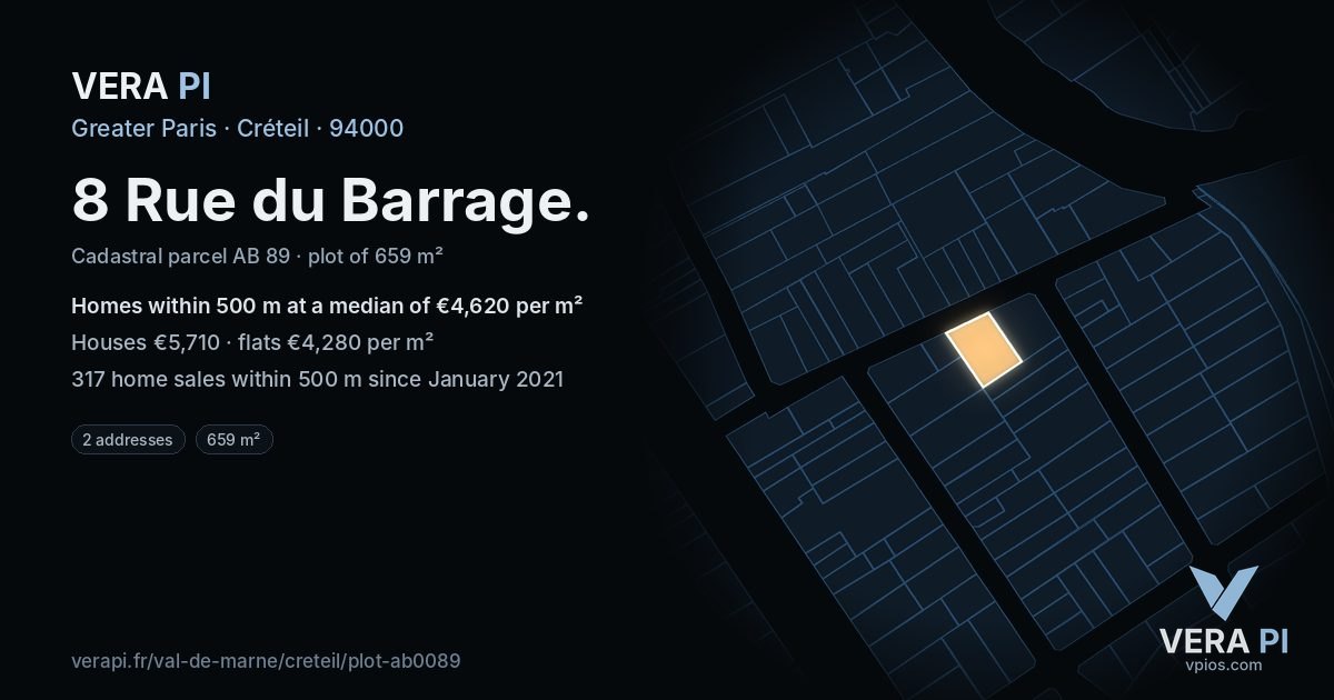 8 Rue du Barrage, Créteil at night – the plot lit, the parcels around coloured by the prices near them