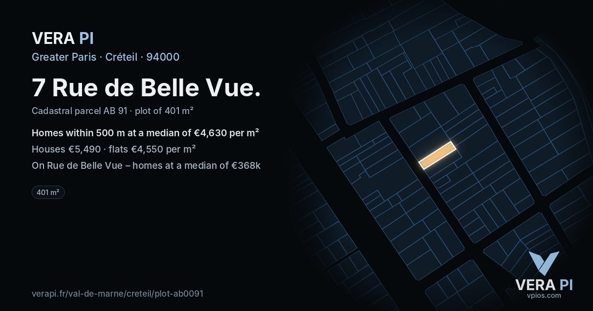 7 Rue de Belle Vue, Créteil at night – the plot lit, the parcels around coloured by the prices near them