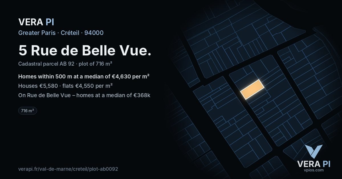 5 Rue de Belle Vue, Créteil at night – the plot lit, the parcels around coloured by the prices near them