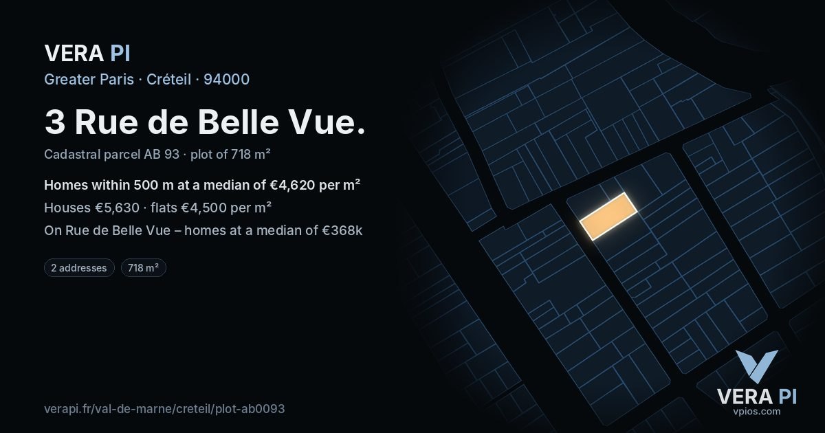 3 Rue de Belle Vue, Créteil at night – the plot lit, the parcels around coloured by the prices near them