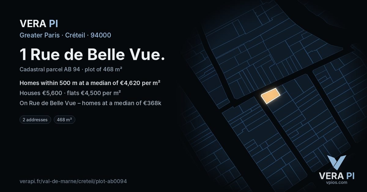 1 Rue de Belle Vue, Créteil at night – the plot lit, the parcels around coloured by the prices near them