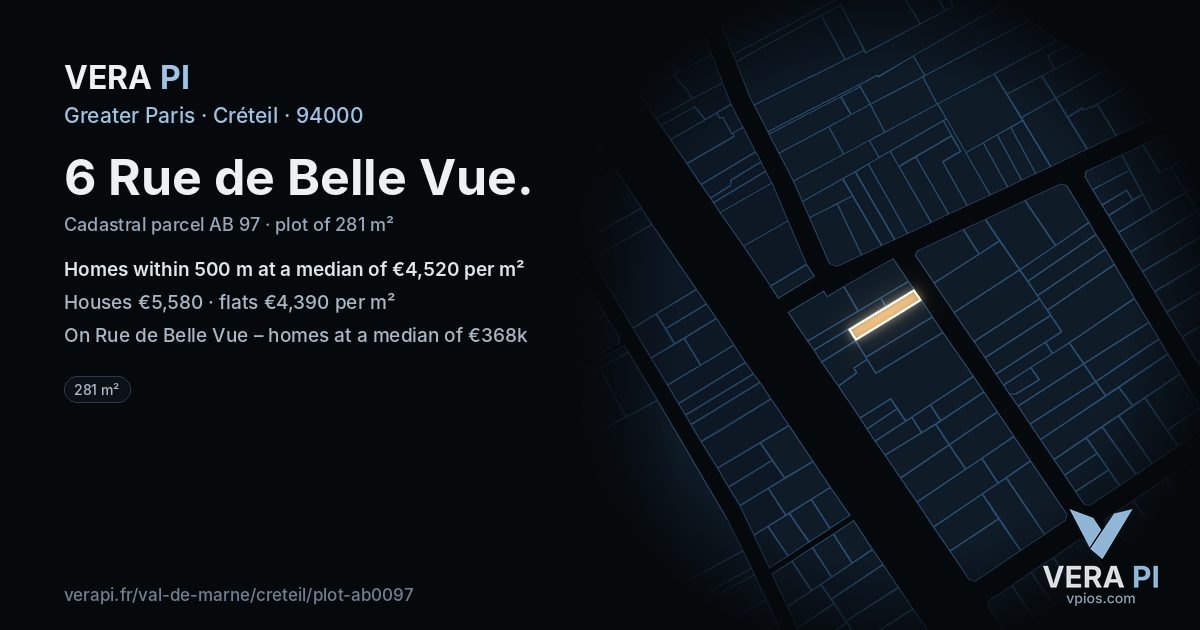 6 Rue de Belle Vue, Créteil at night – the plot lit, the parcels around coloured by the prices near them
