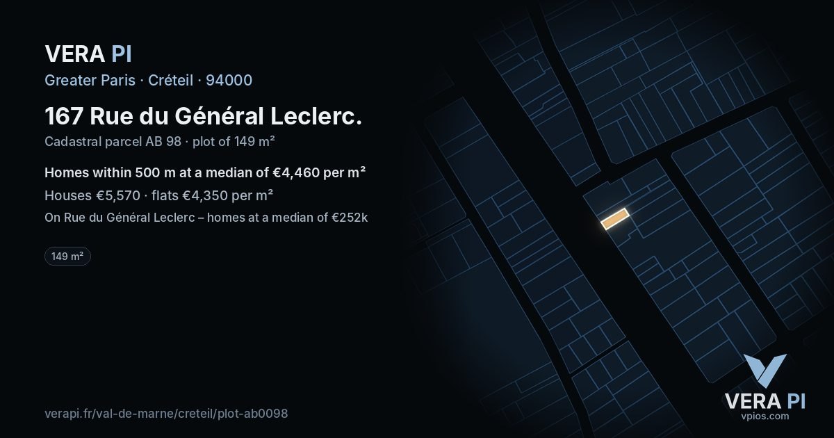 167 Rue du Général Leclerc, Créteil at night – the plot lit, the parcels around coloured by the prices near them