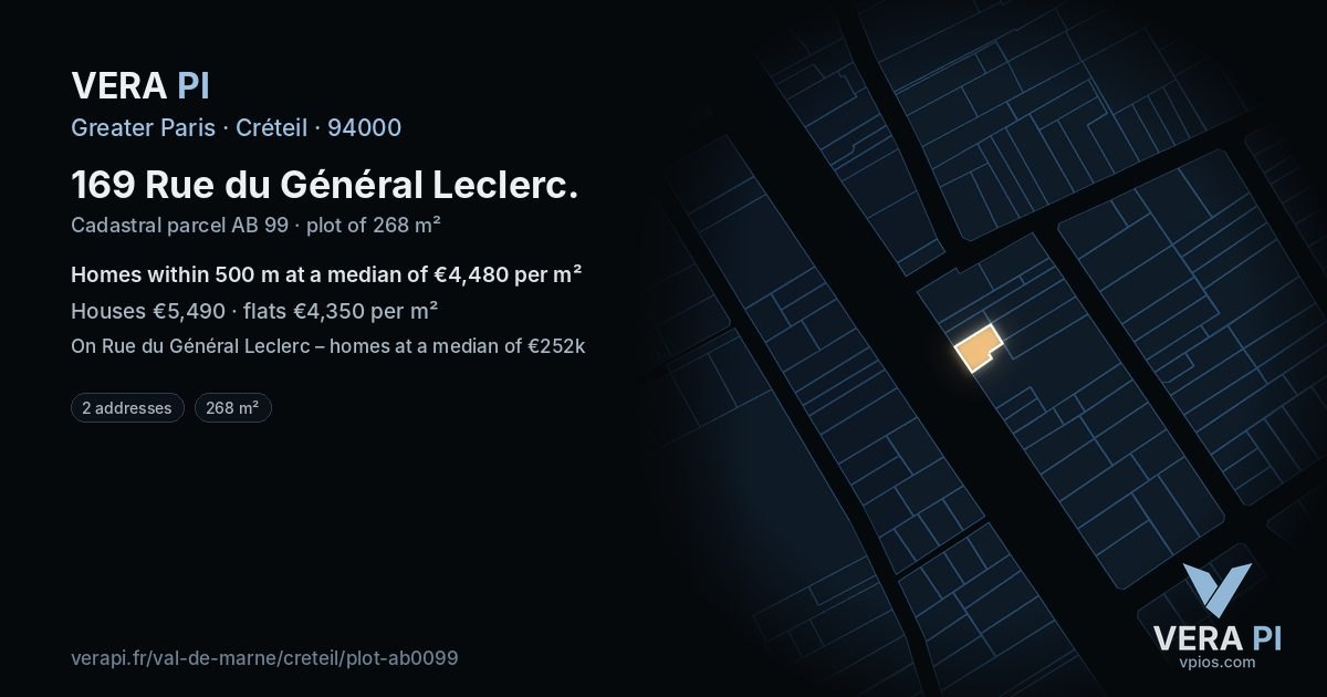 169 Rue du Général Leclerc, Créteil at night – the plot lit, the parcels around coloured by the prices near them