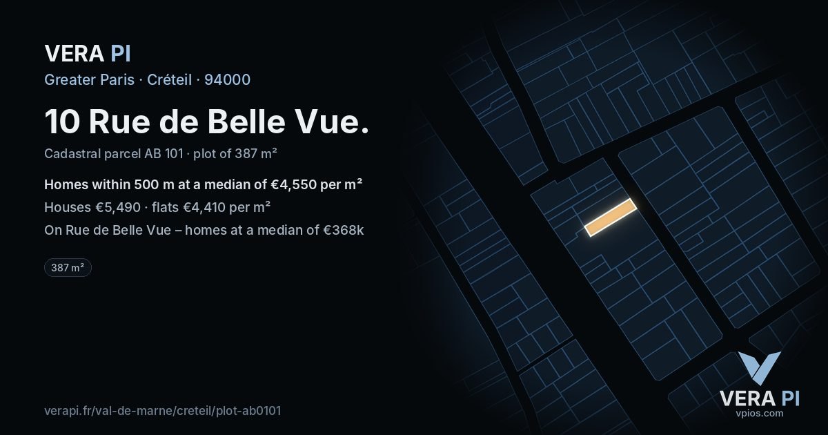 10 Rue de Belle Vue, Créteil at night – the plot lit, the parcels around coloured by the prices near them