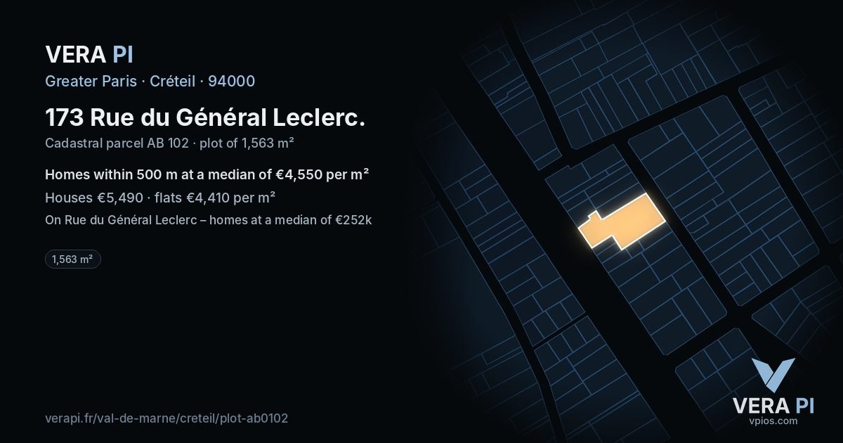 173 Rue du Général Leclerc, Créteil at night – the plot lit, the parcels around coloured by the prices near them