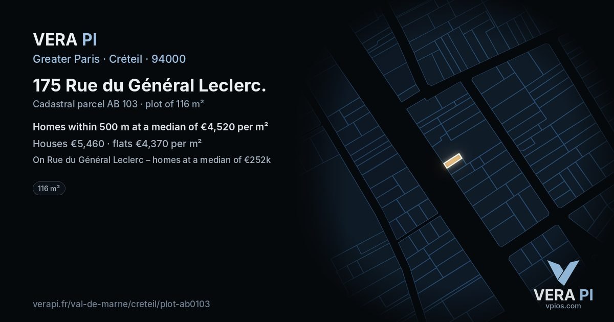 175 Rue du Général Leclerc, Créteil at night – the plot lit, the parcels around coloured by the prices near them