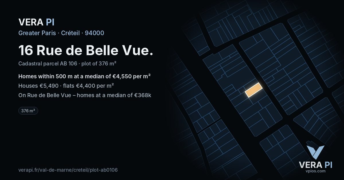 16 Rue de Belle Vue, Créteil at night – the plot lit, the parcels around coloured by the prices near them