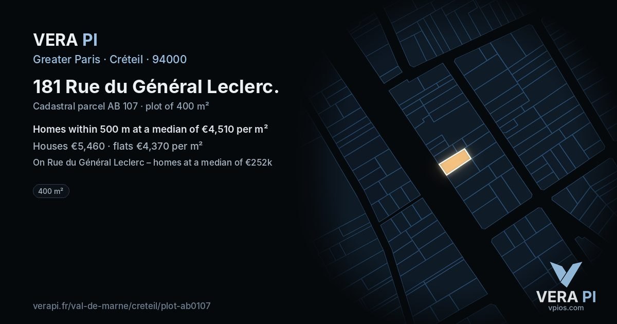 181 Rue du Général Leclerc, Créteil at night – the plot lit, the parcels around coloured by the prices near them