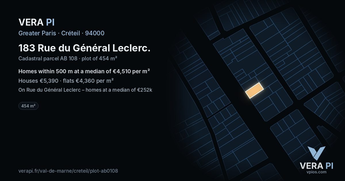 183 Rue du Général Leclerc, Créteil at night – the plot lit, the parcels around coloured by the prices near them