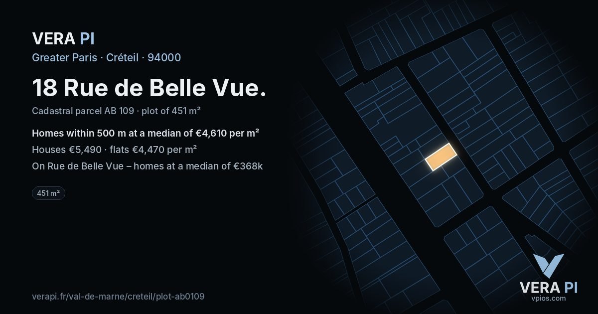 18 Rue de Belle Vue, Créteil at night – the plot lit, the parcels around coloured by the prices near them