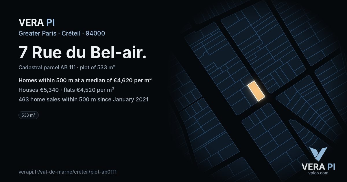 7 Rue du Bel-air, Créteil at night – the plot lit, the parcels around coloured by the prices near them
