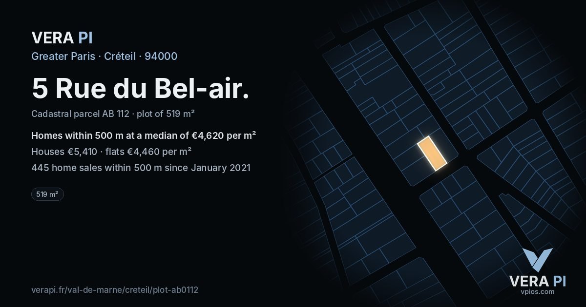 5 Rue du Bel-air, Créteil at night – the plot lit, the parcels around coloured by the prices near them