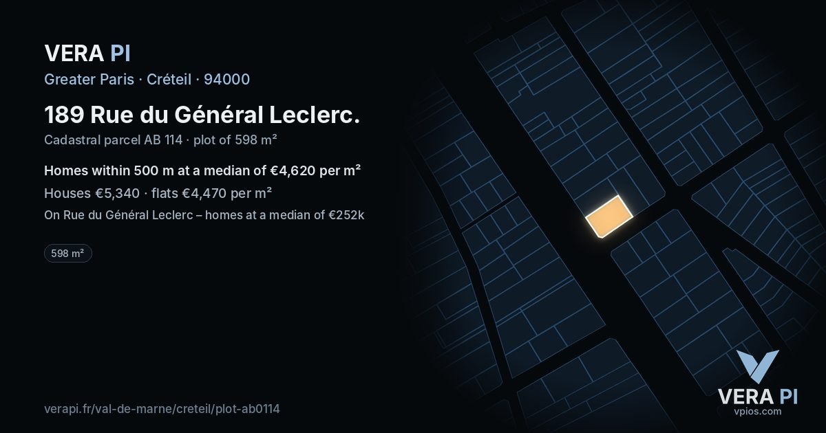189 Rue du Général Leclerc, Créteil at night – the plot lit, the parcels around coloured by the prices near them