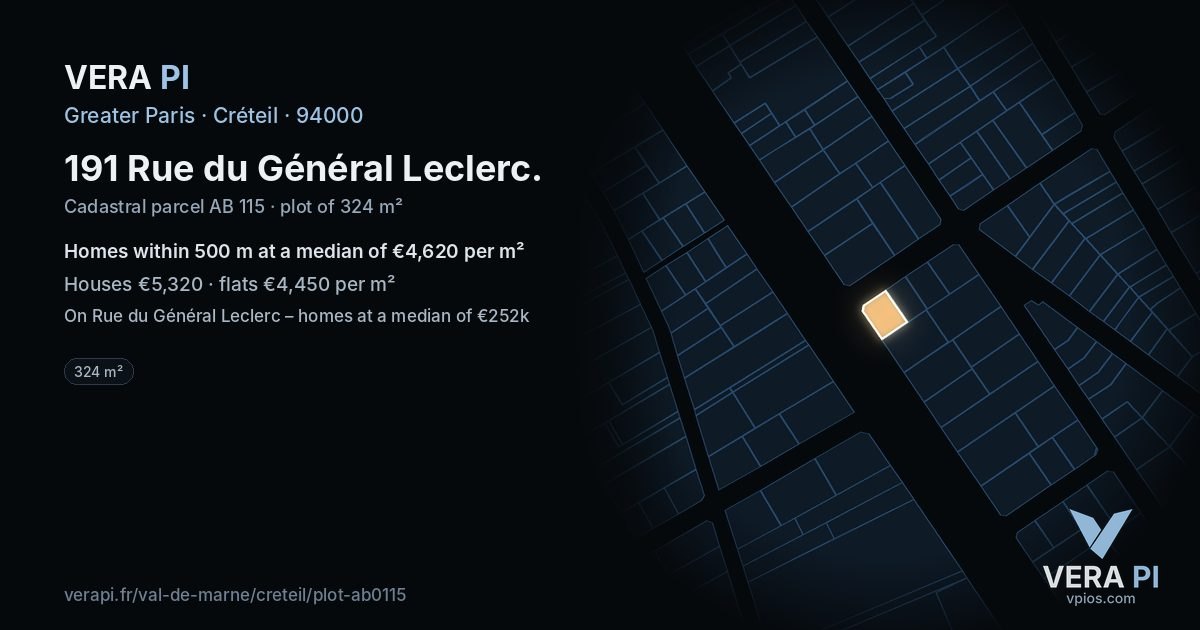 191 Rue du Général Leclerc, Créteil at night – the plot lit, the parcels around coloured by the prices near them