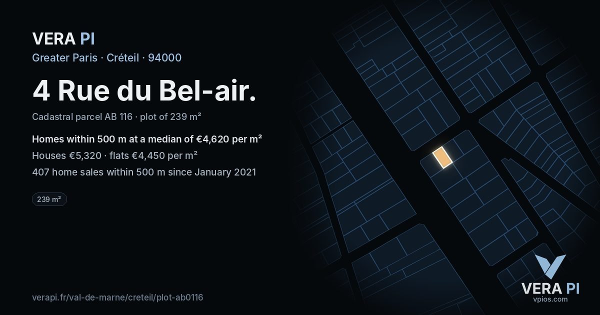 4 Rue du Bel-air, Créteil at night – the plot lit, the parcels around coloured by the prices near them