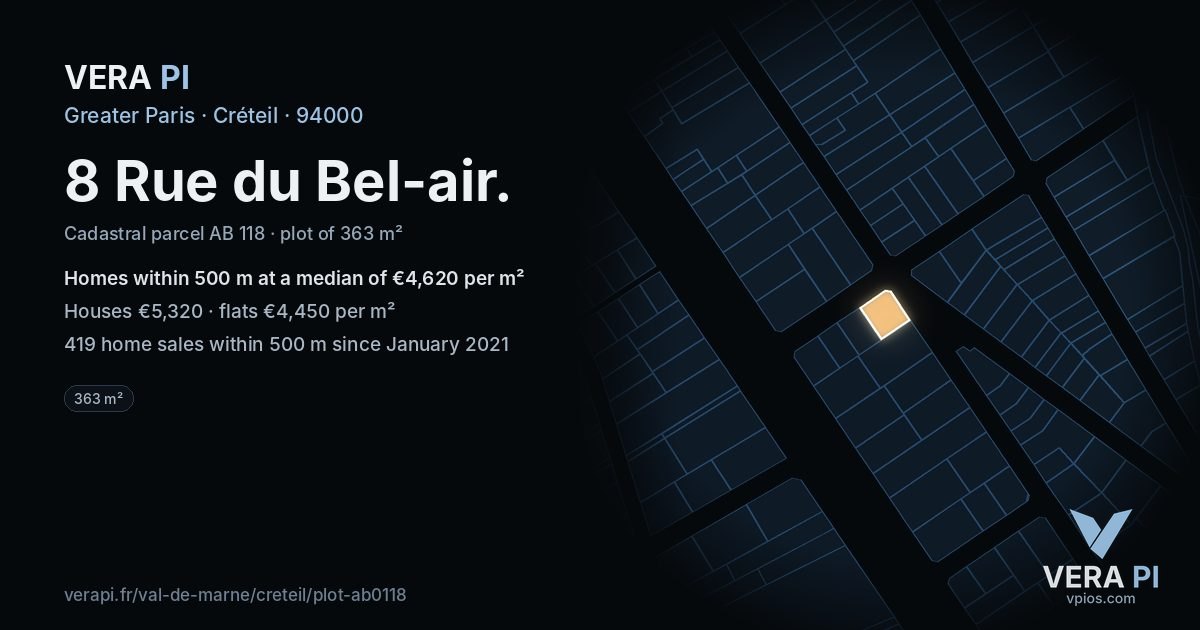 8 Rue du Bel-air, Créteil at night – the plot lit, the parcels around coloured by the prices near them