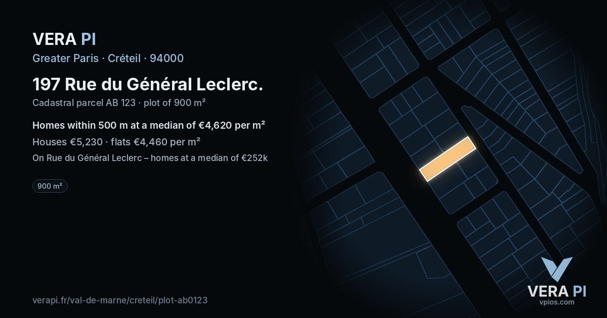 197 Rue du Général Leclerc, Créteil at night – the plot lit, the parcels around coloured by the prices near them
