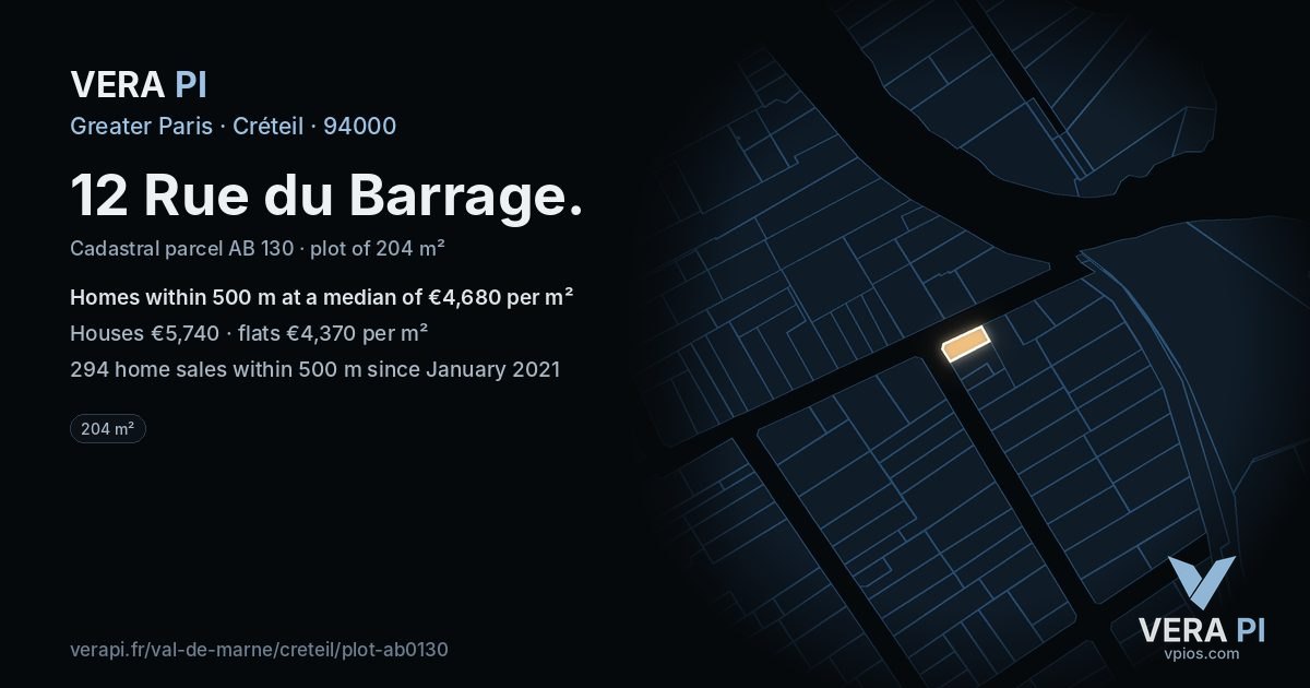 12 Rue du Barrage, Créteil at night – the plot lit, the parcels around coloured by the prices near them