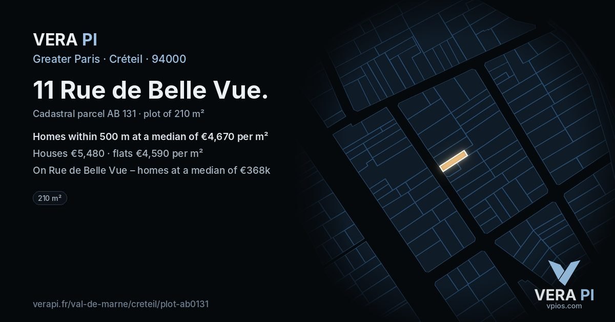 11 Rue de Belle Vue, Créteil at night – the plot lit, the parcels around coloured by the prices near them