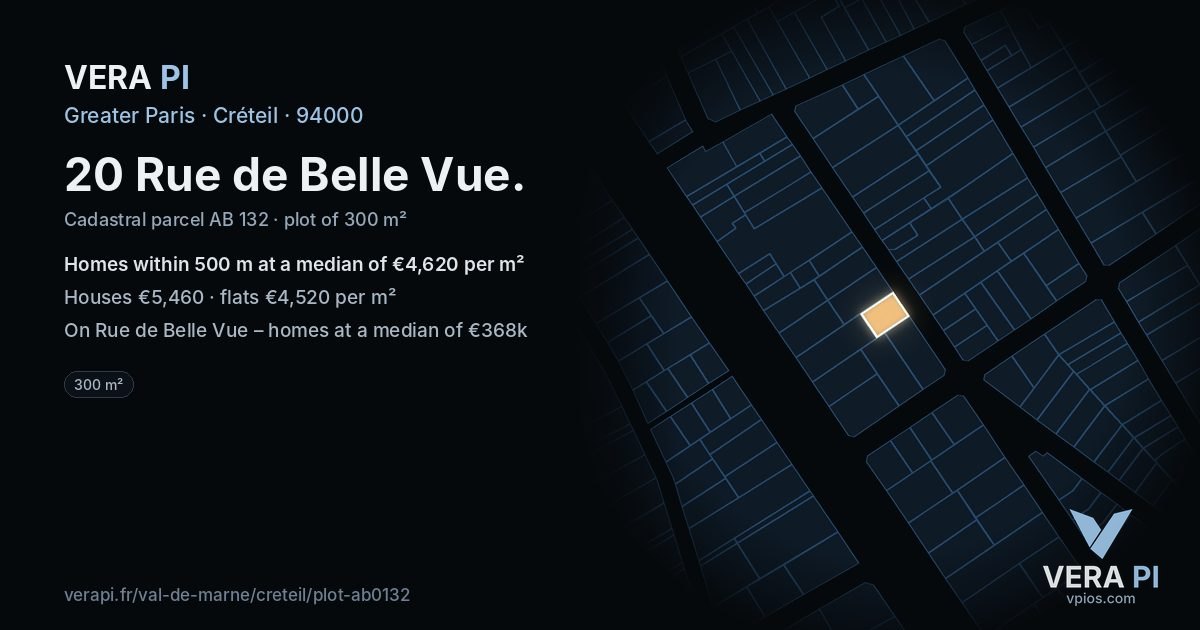 20 Rue de Belle Vue, Créteil at night – the plot lit, the parcels around coloured by the prices near them