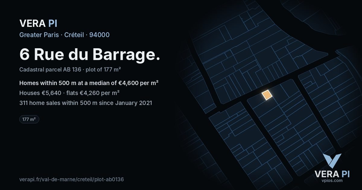 6 Rue du Barrage, Créteil at night – the plot lit, the parcels around coloured by the prices near them