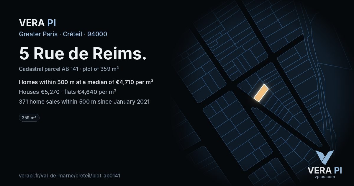 5 Rue de Reims, Créteil at night – the plot lit, the parcels around coloured by the prices near them