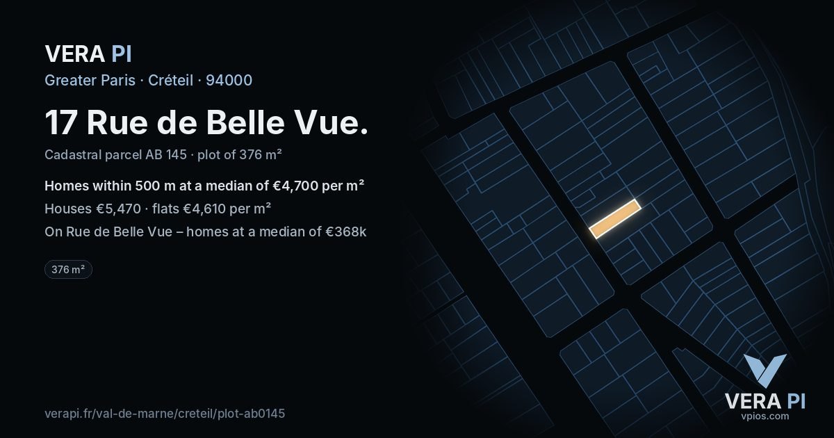 17 Rue de Belle Vue, Créteil at night – the plot lit, the parcels around coloured by the prices near them