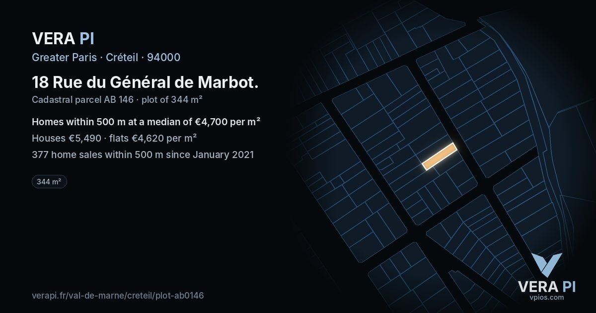 18 Rue du Général de Marbot, Créteil at night – the plot lit, the parcels around coloured by the prices near them