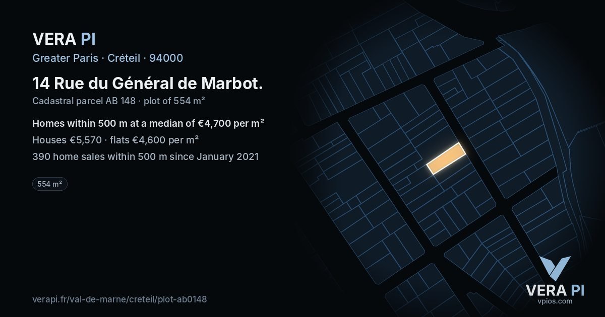 14 Rue du Général de Marbot, Créteil at night – the plot lit, the parcels around coloured by the prices near them