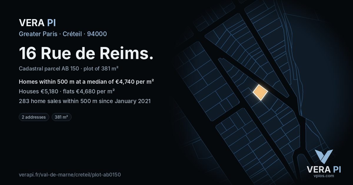 16 Rue de Reims, Créteil at night – the plot lit, the parcels around coloured by the prices near them
