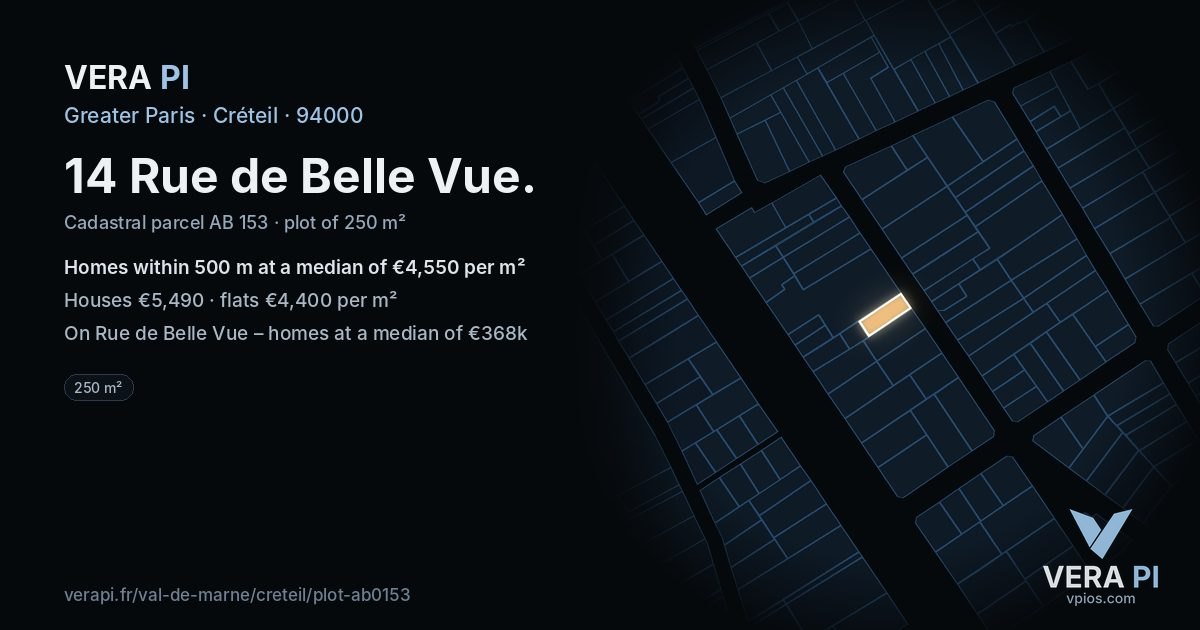 14 Rue de Belle Vue, Créteil at night – the plot lit, the parcels around coloured by the prices near them